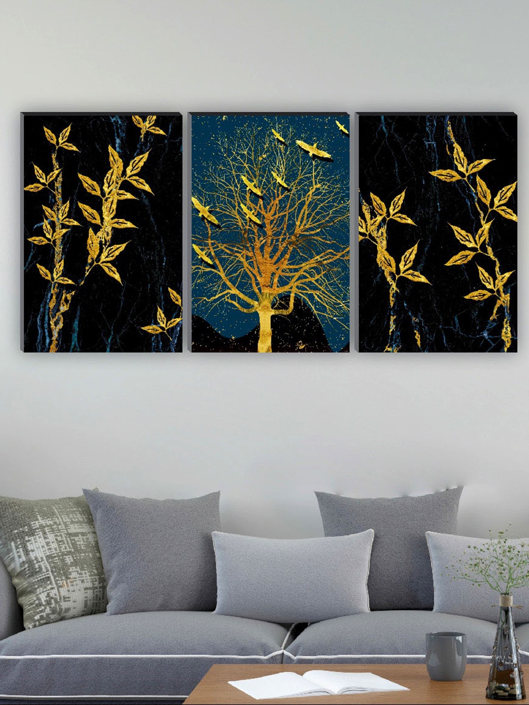 

SAF Black & Teal Green 3 Pieces Tree & Birds Matte Finish Wall Art