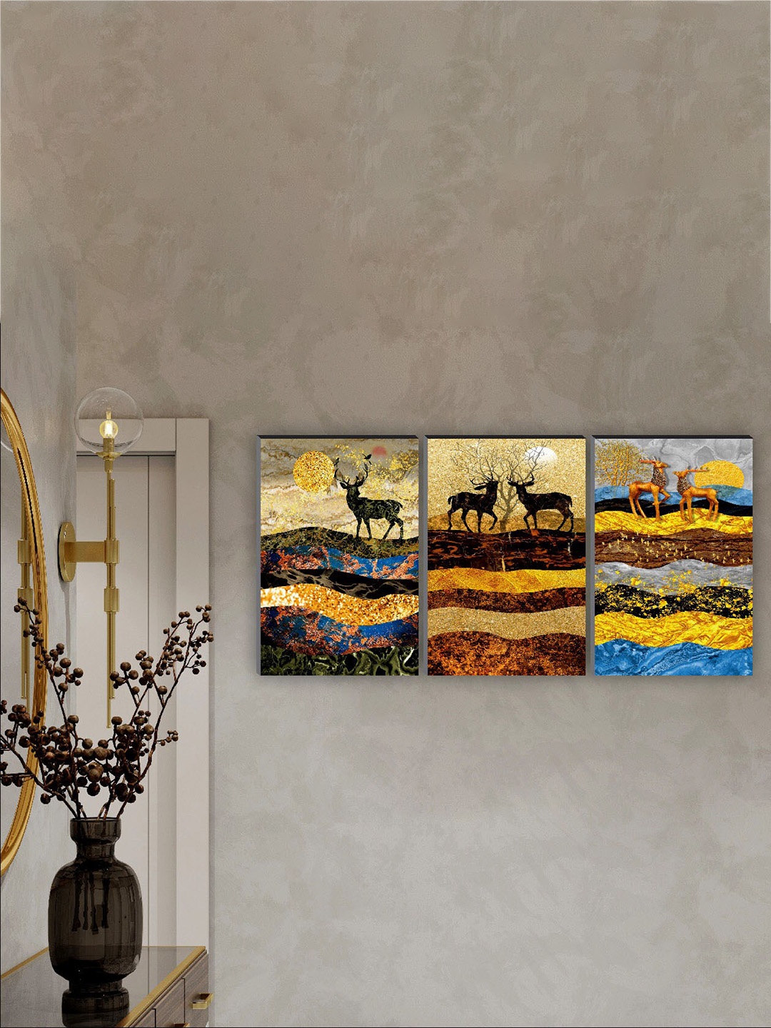 

SAF Blue & Black 3 Pieces Deer Painting Wall Arts