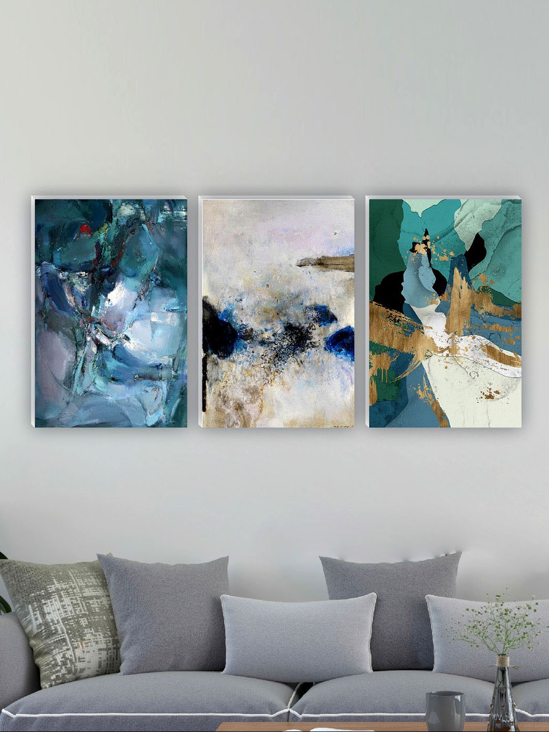 

SAF Blue & Sea Green 3 Pieces Abstract Painting Wall Arts
