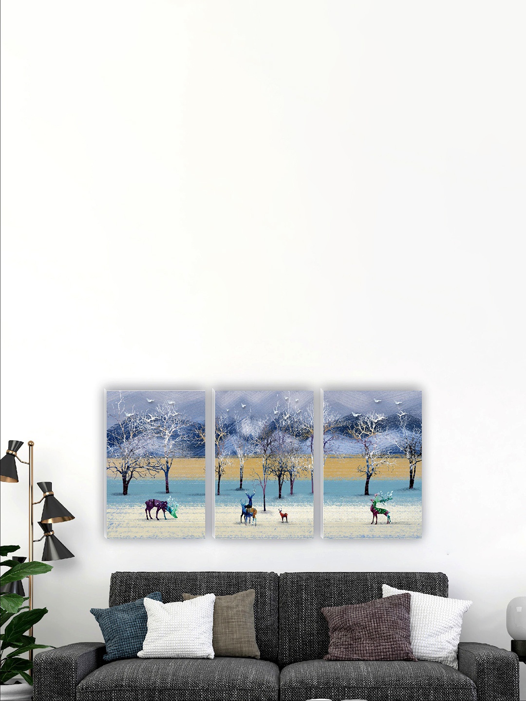 

SAF Blue & Beige 3 Pieces Deer Painting Wall Arts
