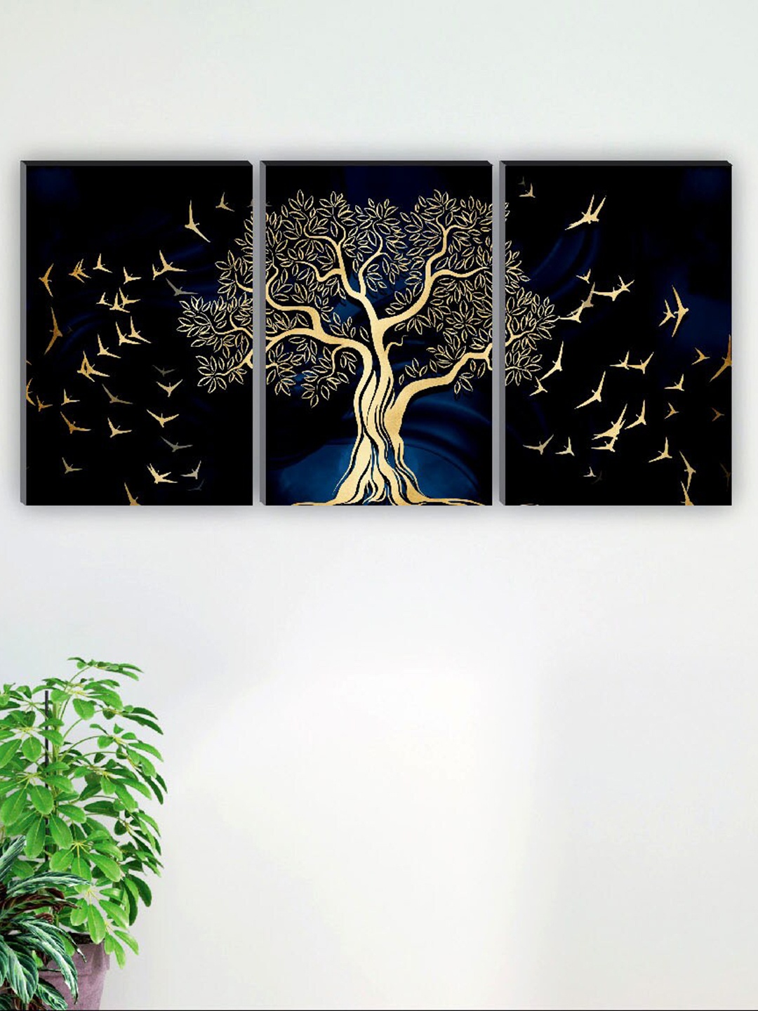 

SAF Black & Blue 3 Pieces Tree & Birds Painting Wall Arts