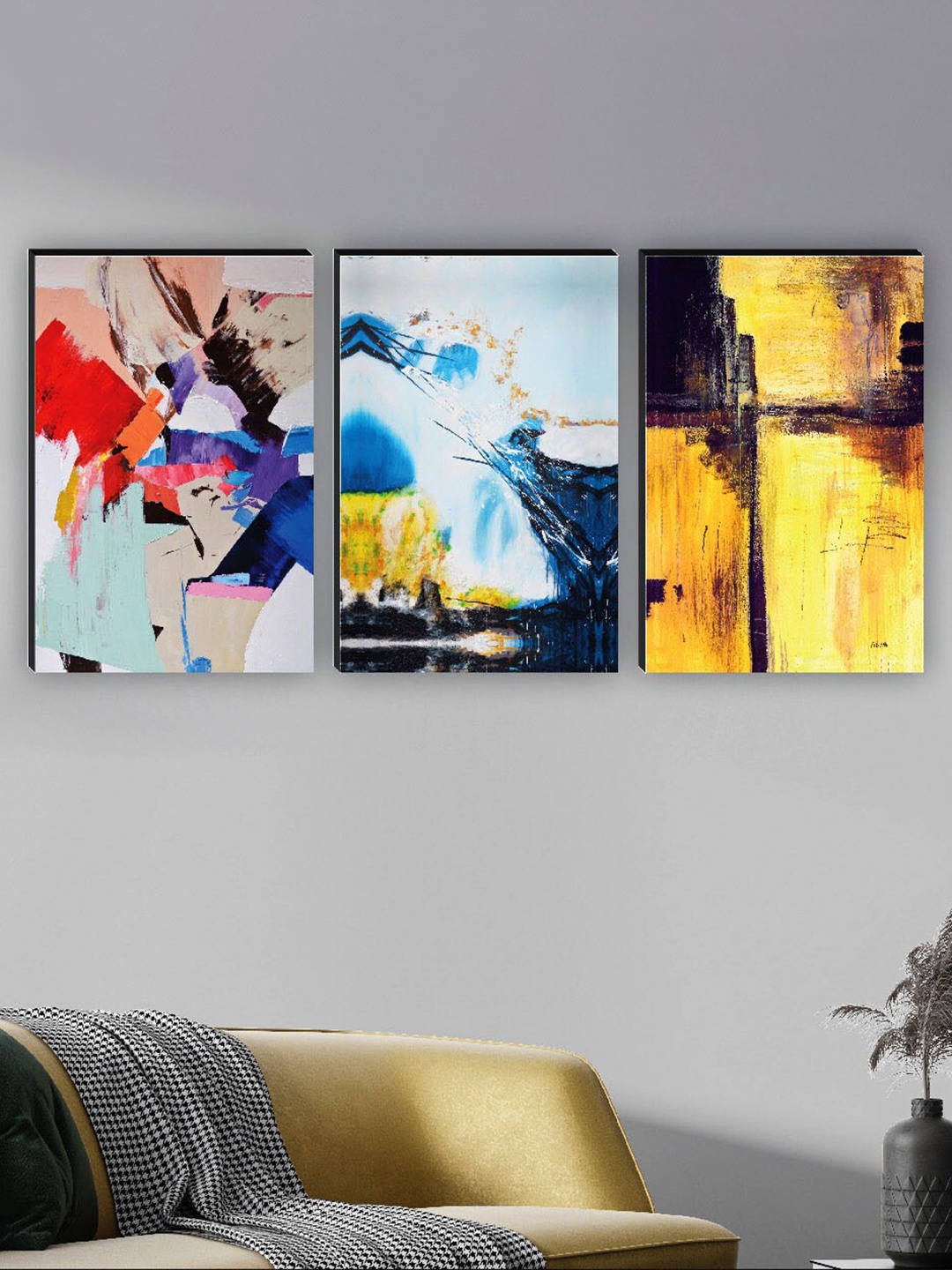 

SAF Blue & Yellow 3 Pieces Abstract Painting Wall Arts