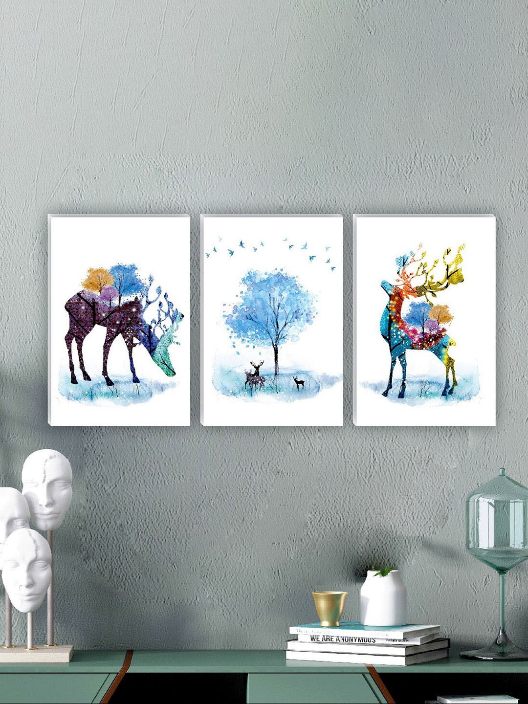 

SAF White & Blue 3 Pieces Deer & Tree Painting Wall Arts