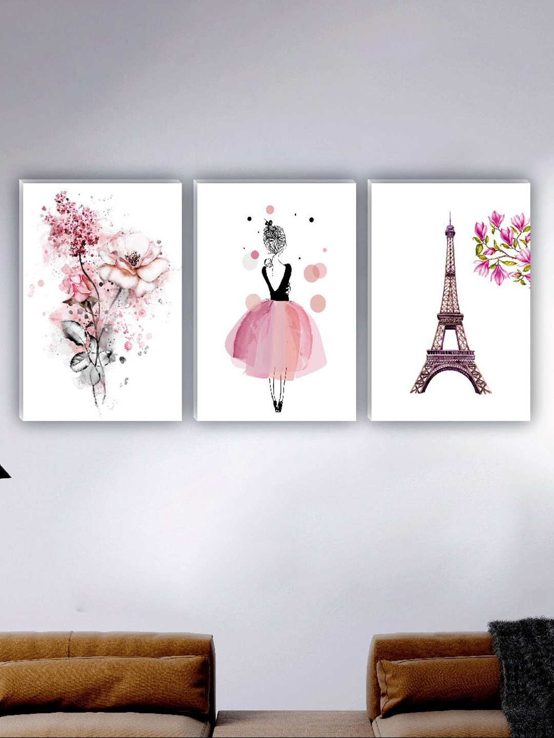 

SAF White & Pink 3 Pieces Flower & Eiffel Tower Painting Wall Art