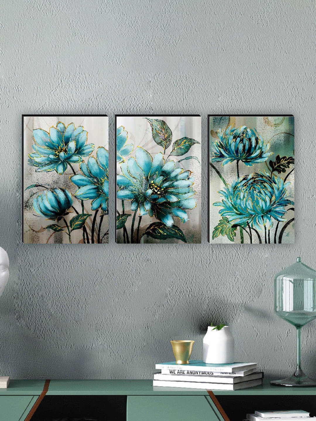 

SAF Blue & Grey 3 Pieces Flowers Painting Wall Art