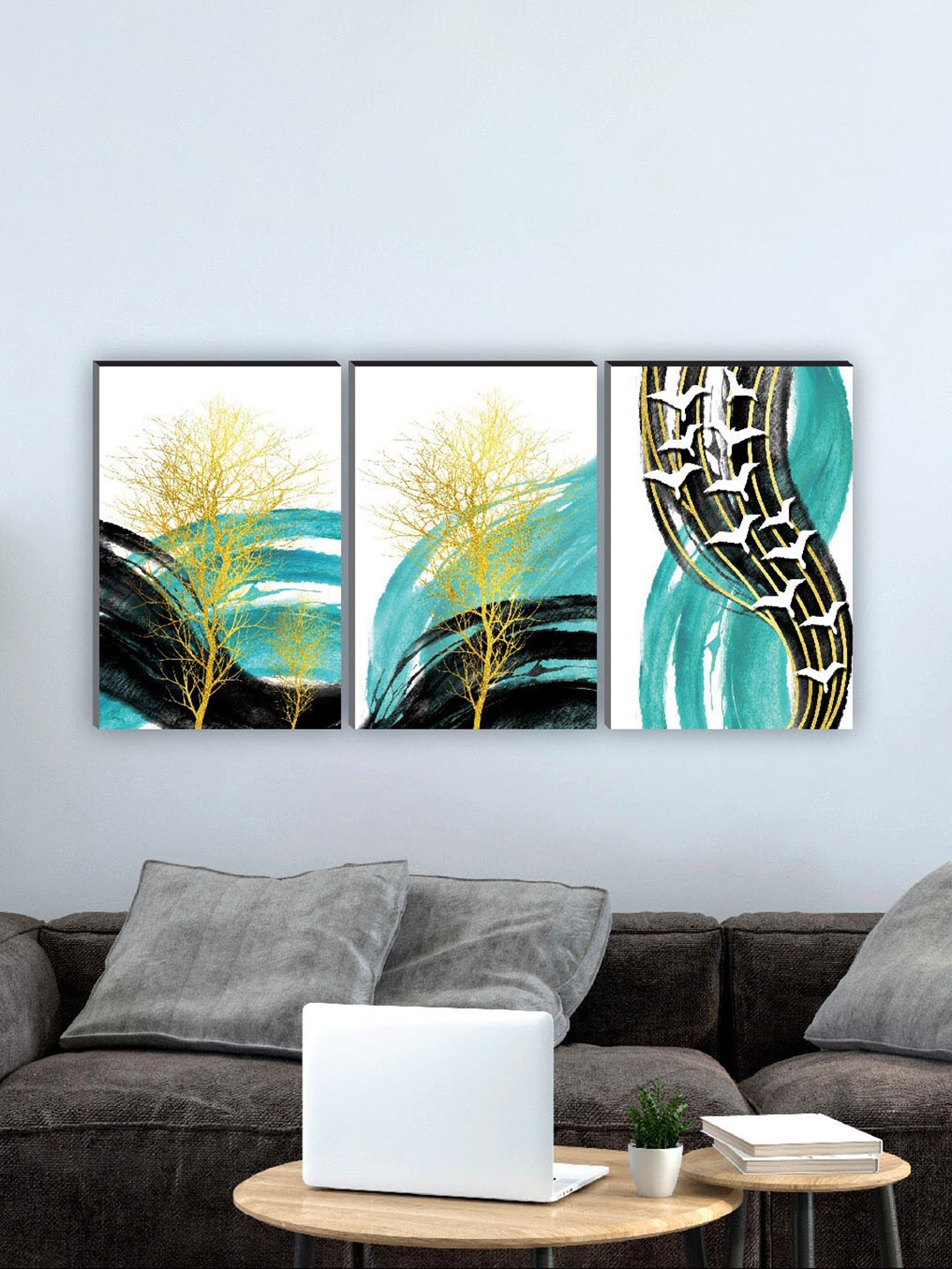 

SAF Sea Green 3 Pieces Abstract Art Self Installation Digital Painting Wall Art