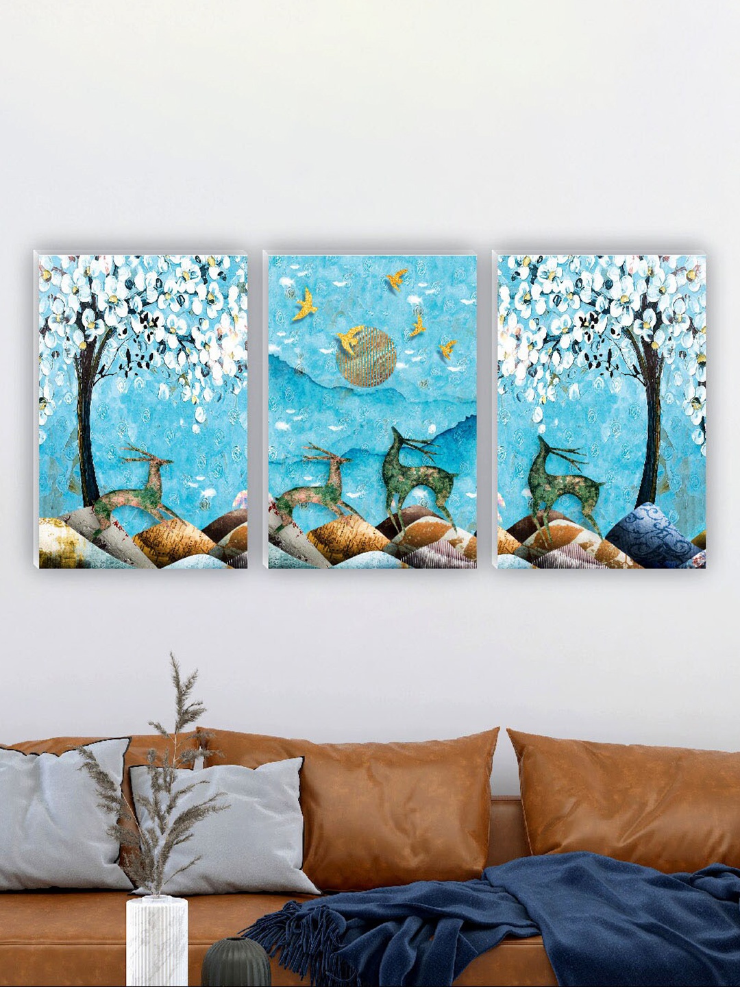 

SAF Blue & White 3 Pieces Deer ,Tree And Birds Painting Wall Art