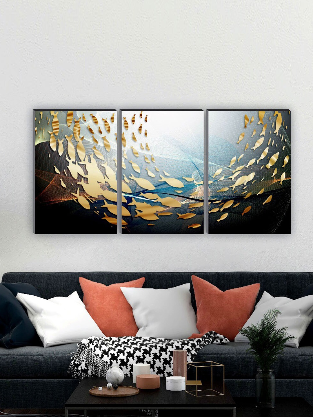

SAF Black & Blue 3 Pieces Abstract Art Printed UV Coating Wall Painting