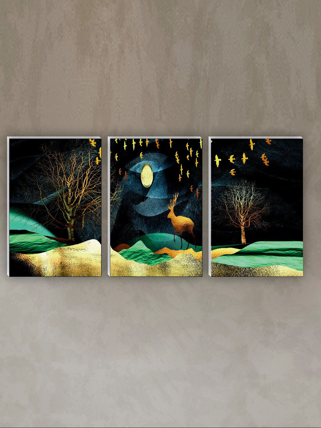 

SAF Black & Green 3 Pieces Abstract Painting Waterproof Wall Art