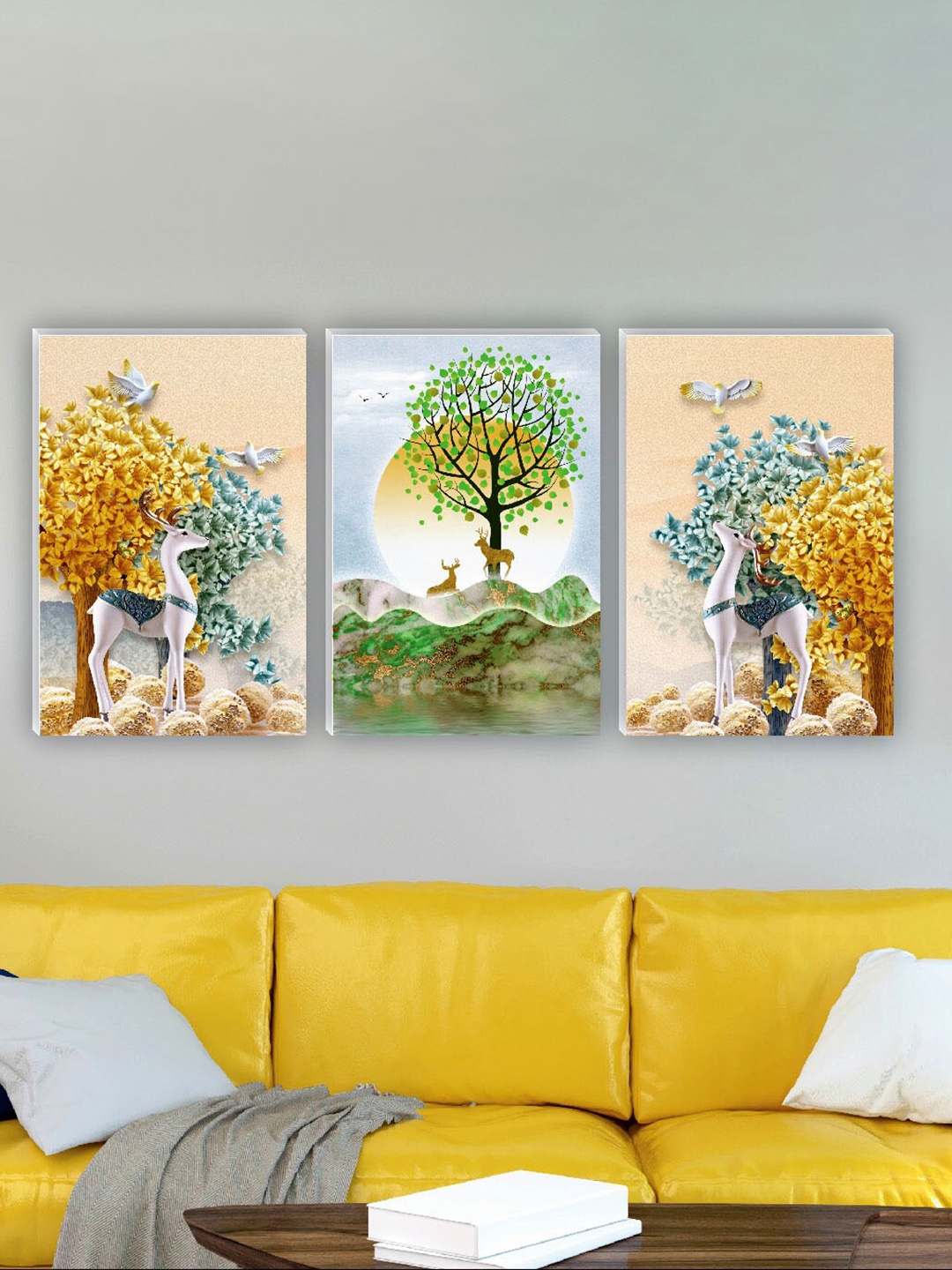 

SAF Green & Yellow 3 Pieces Deer Tree & Birds Printed UV Coating Wall Painting