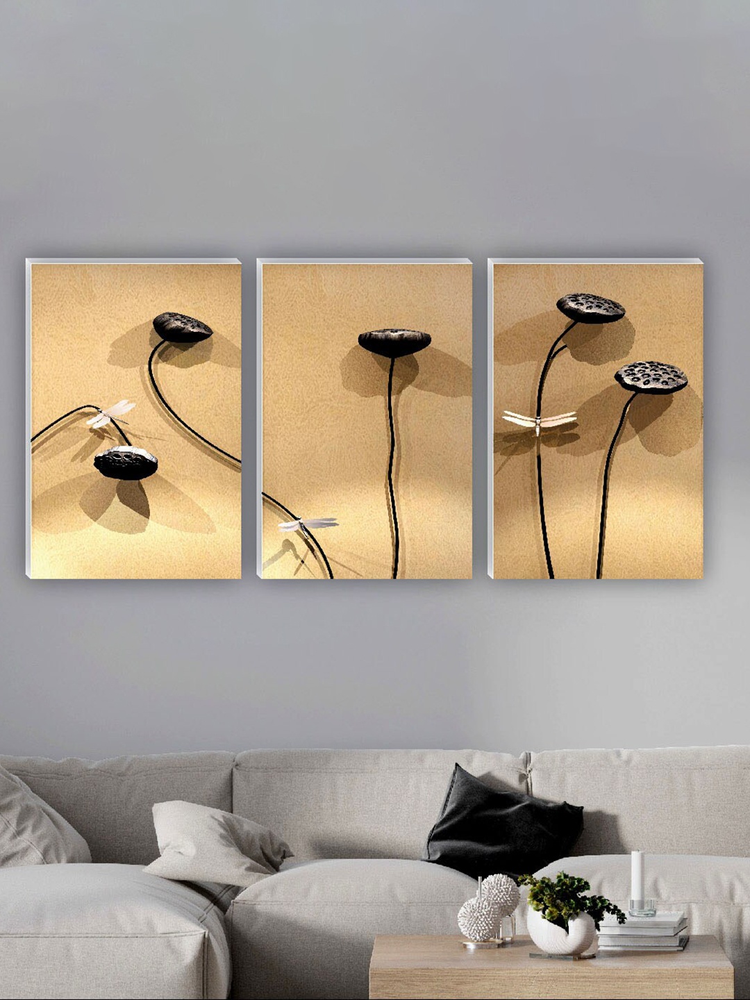 

SAF Beige & Black 3 Pieces Painting Waterproof Wall Art
