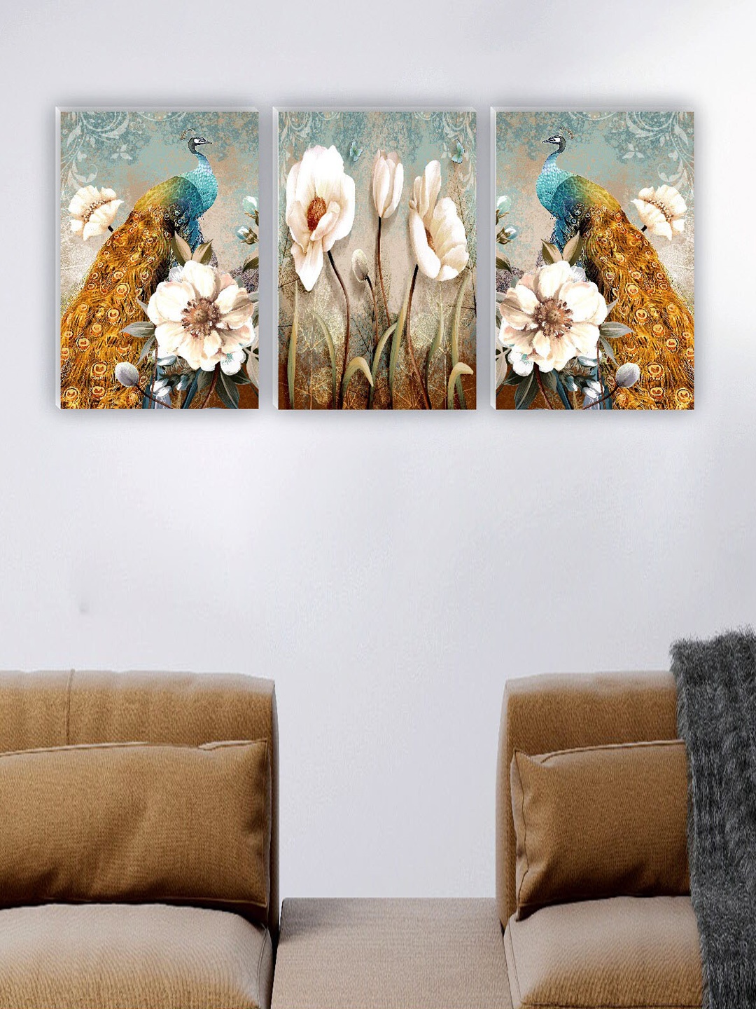 

SAF White & Yellow 3 Pieces Abstract Flower & Peacock Printed UV Coating Wall Painting