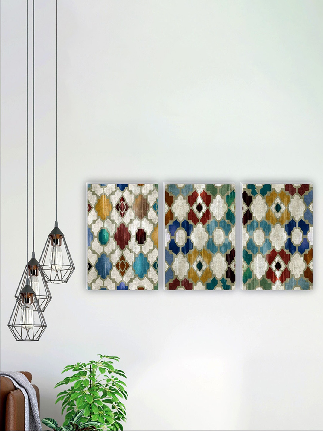 

SAF Beige & Blue 3 Pieces Abstract Painting Waterproof Wall Art