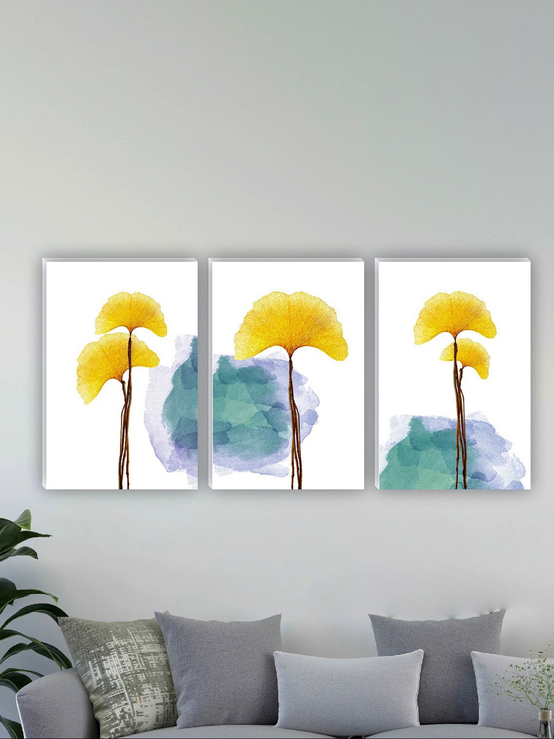 

SAF White & Yellow 3 Pieces Abstract Painting Waterproof Wall Art