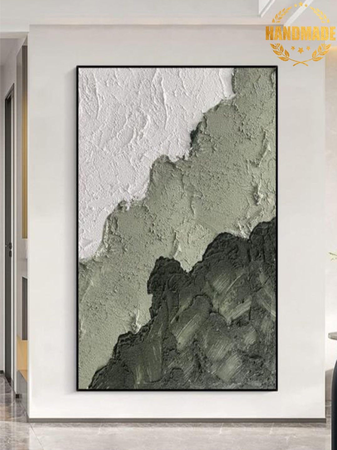 

THE HANDMADE FLAIR White & Green 3D Textured Painting Wall Art