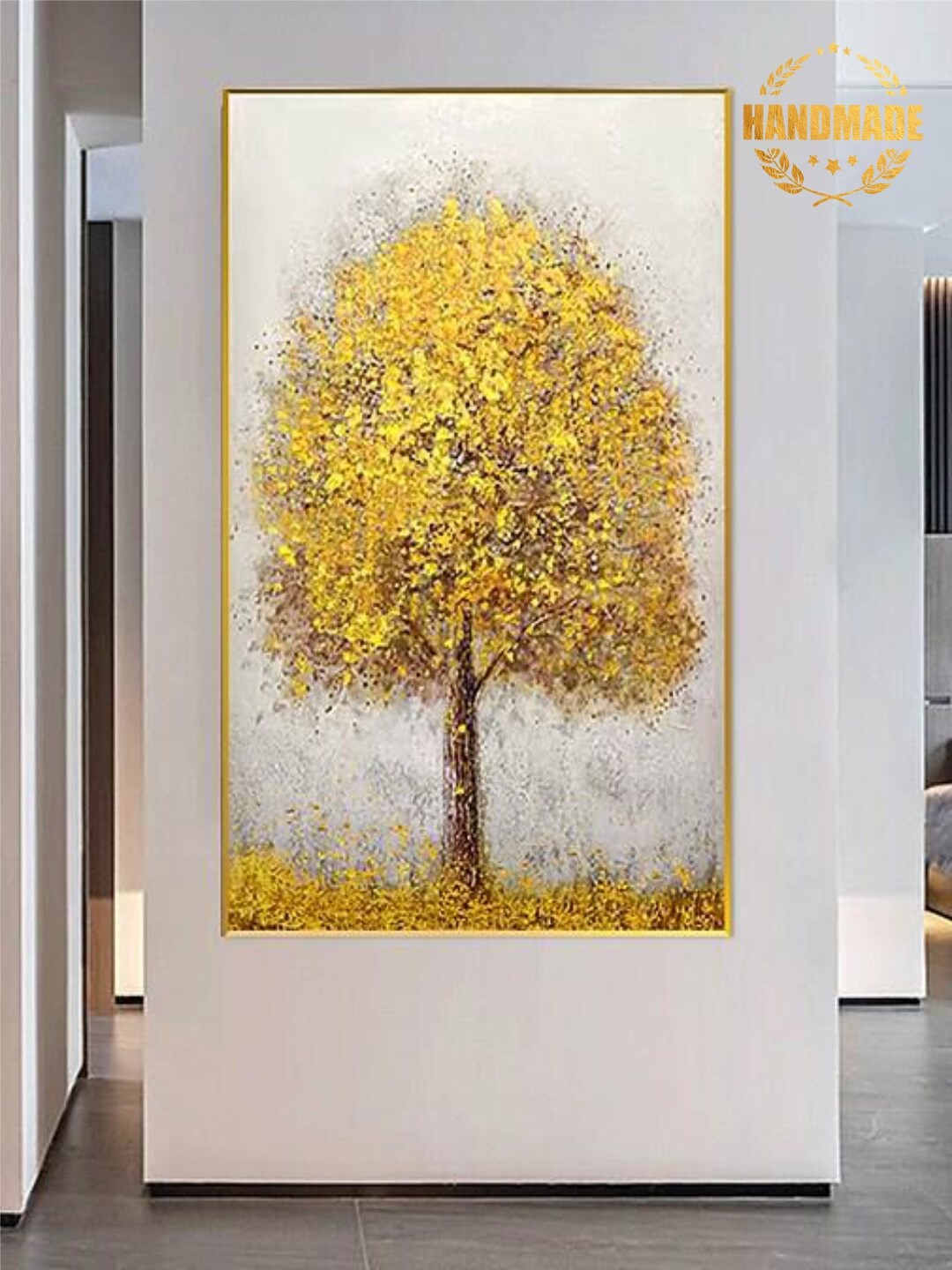 

THE HANDMADE FLAIR Yellow & Grey Tree Painting Canvas Wall Art