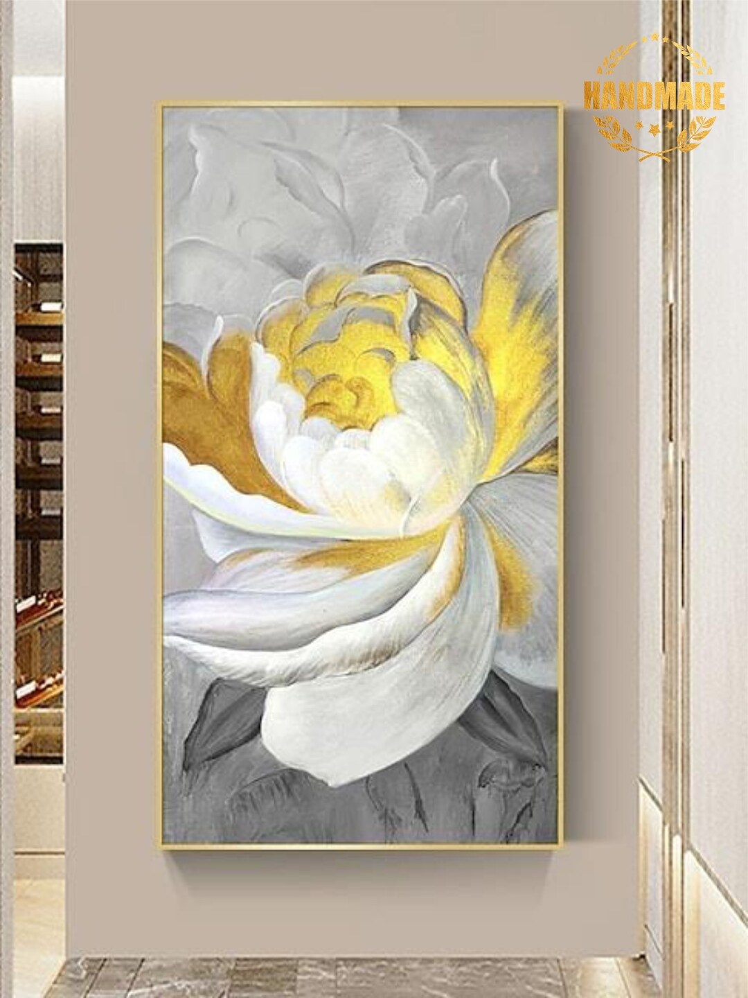 

THE HANDMADE FLAIR White & Yellow Lotus Canvas Framed Wall Painting