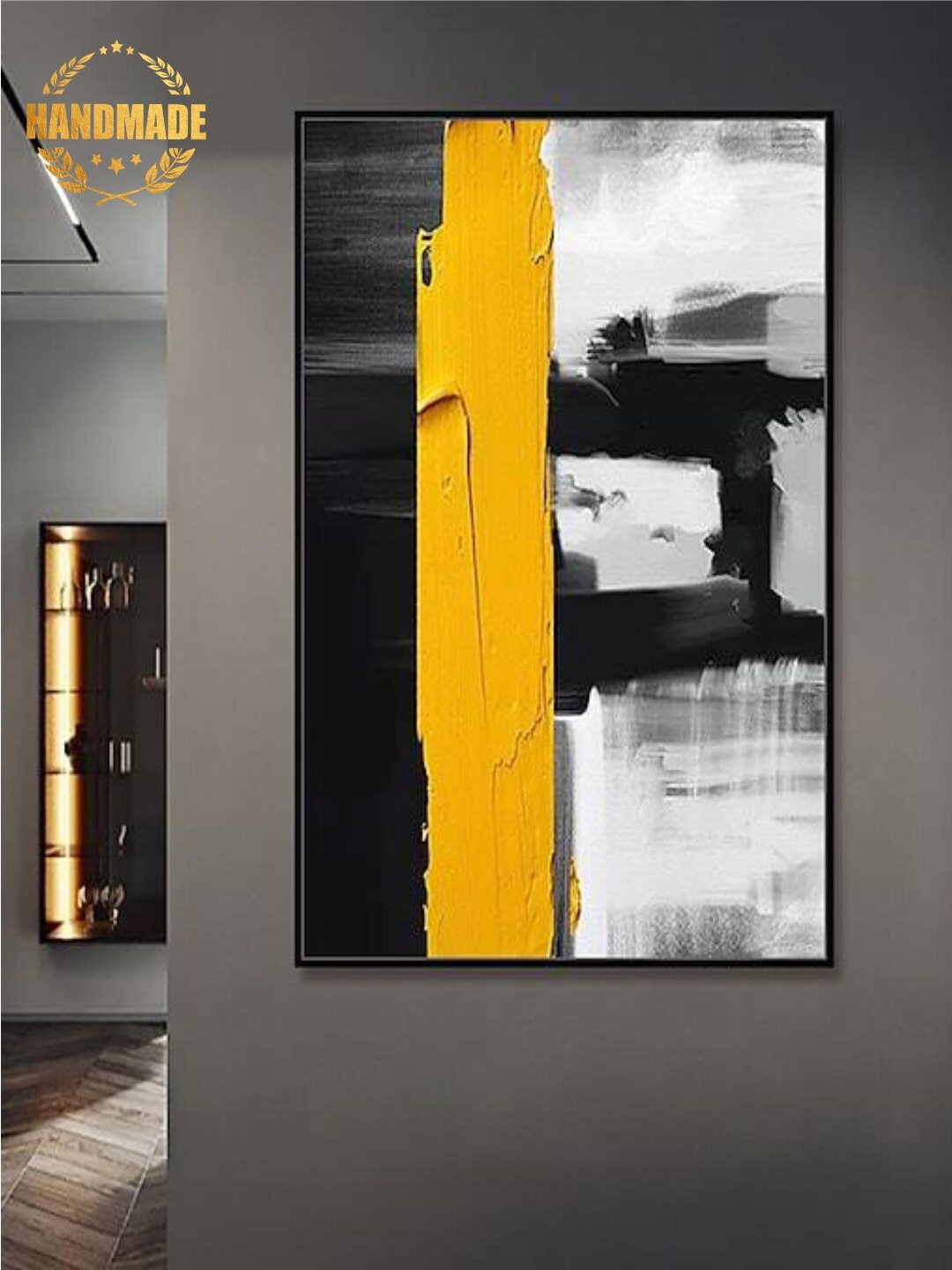 

THE HANDMADE FLAIR Black & Yellow Vertical Abstract Pop Printed Framed Wall Painting