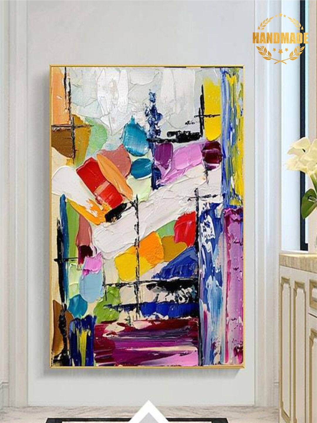 

THE HANDMADE FLAIR White & Red Abstract Painting Framed Wall Art