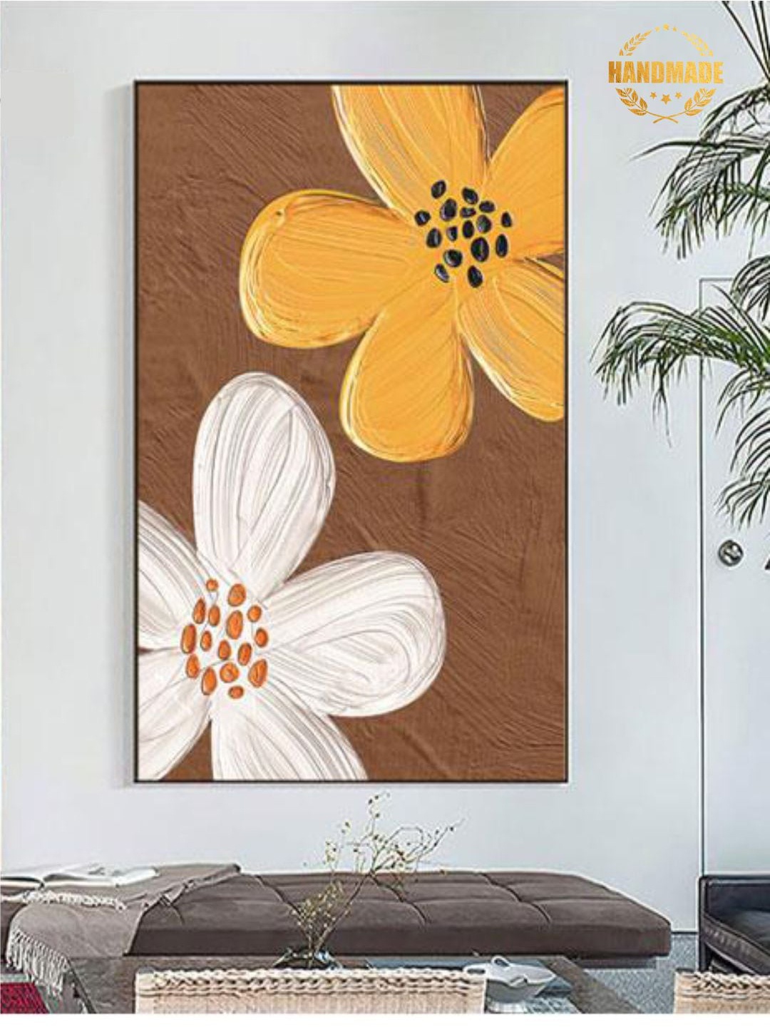 

THE HANDMADE FLAIR Yellow & White Flower Printed Wall Hanging Framed Wall Painting