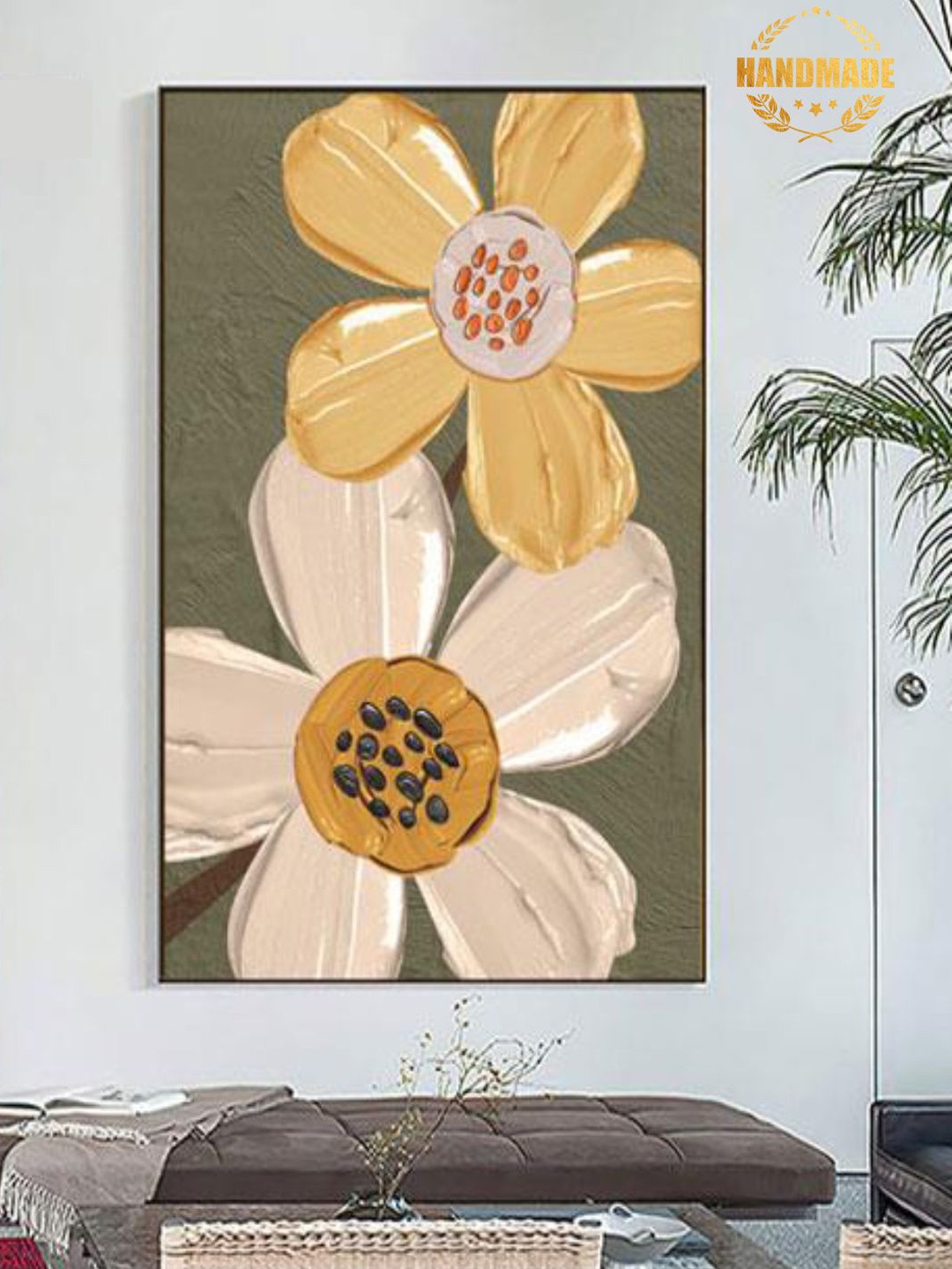 

THE HANDMADE FLAIR Yellow & White Abstract Flower Painting Framed Wall Art