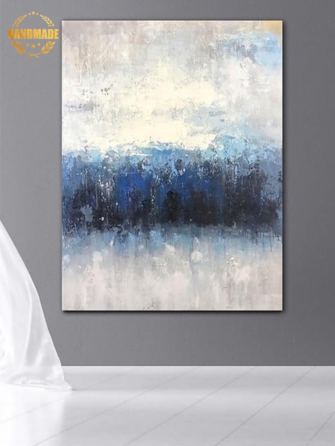 

THE HANDMADE FLAIR Blue & White Deep Blue Sea Abstract Painting Framed Wall Art
