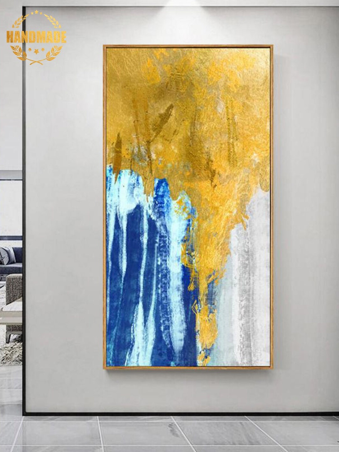 

THE HANDMADE FLAIR Yellow & Blue Modern Art Golden Canvas Painting Wall Art