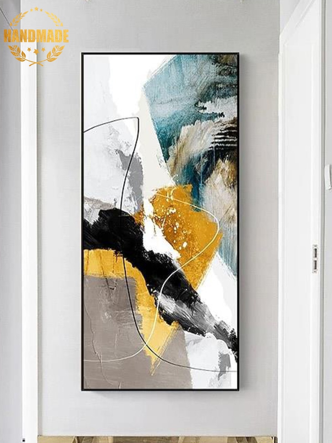 

THE HANDMADE FLAIR White & Yellow Abstract Framed Wall Painting