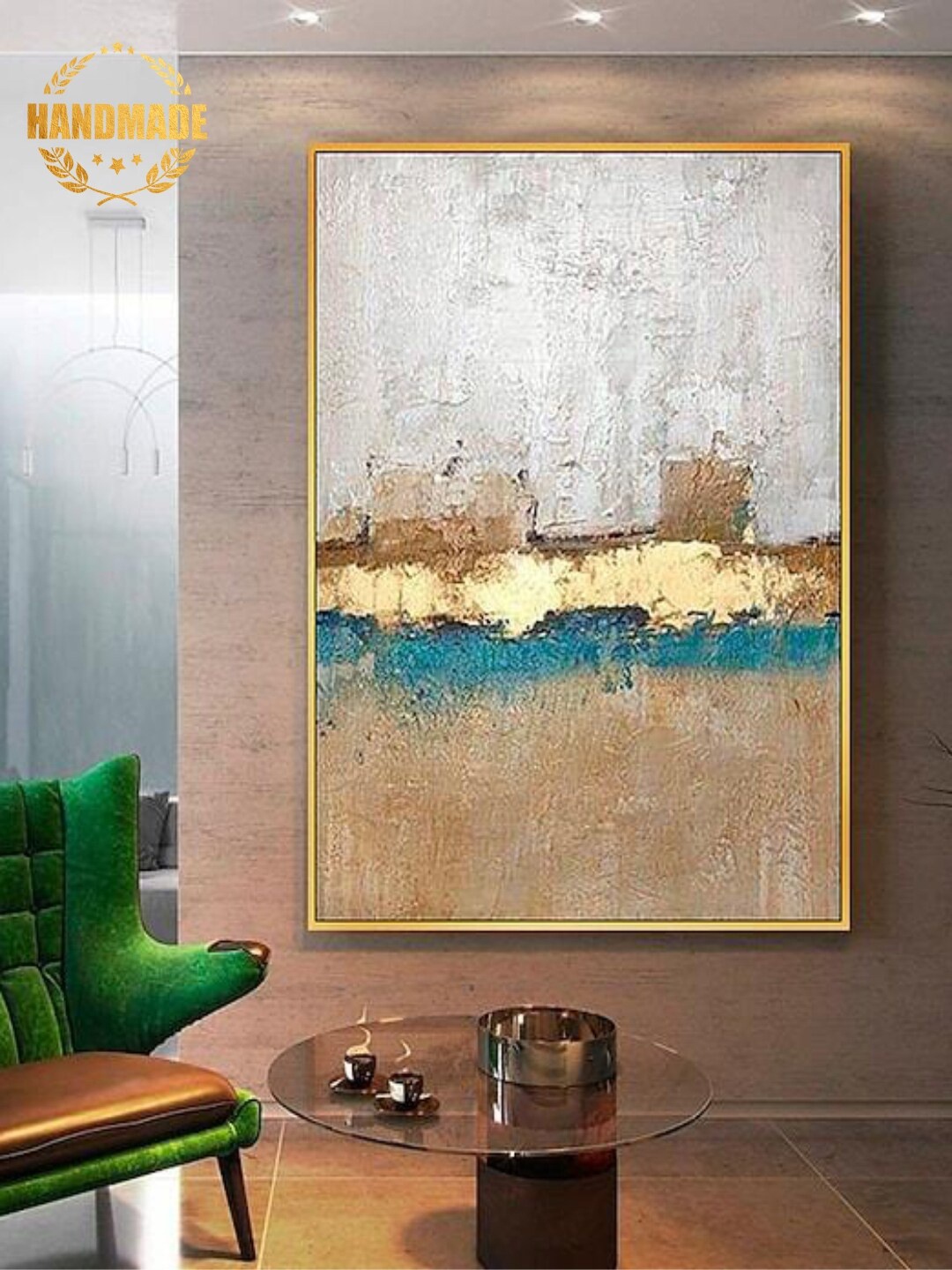 

THE HANDMADE FLAIR Brown & Blue Modern Gold Leaf Painting Framed Wall Art