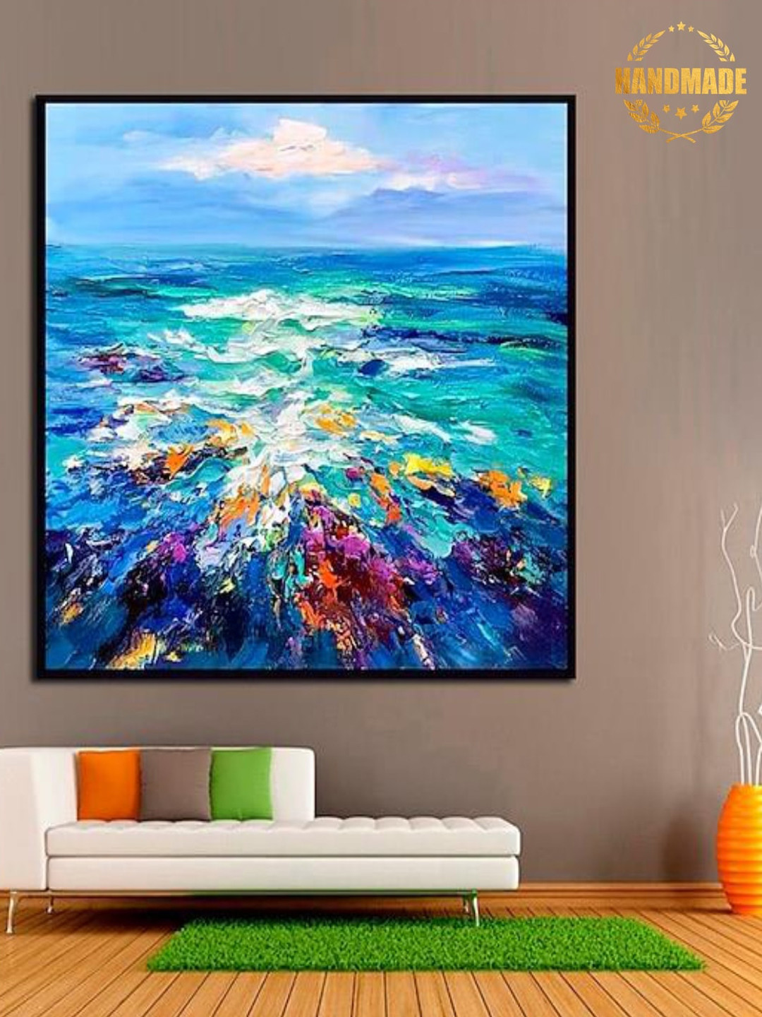 

THE HANDMADE FLAIR Blue & Green Heavy Texture Painting Wall Art