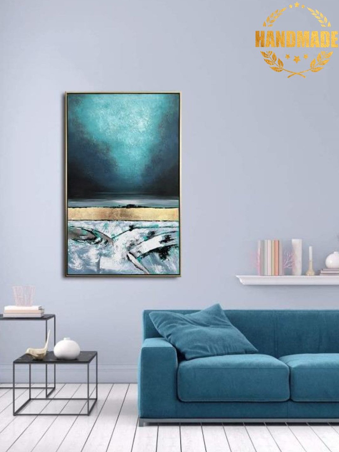 

THE HANDMADE FLAIR Turquoise Blue & Grey Gold Leaf Painting Framed Wall Art