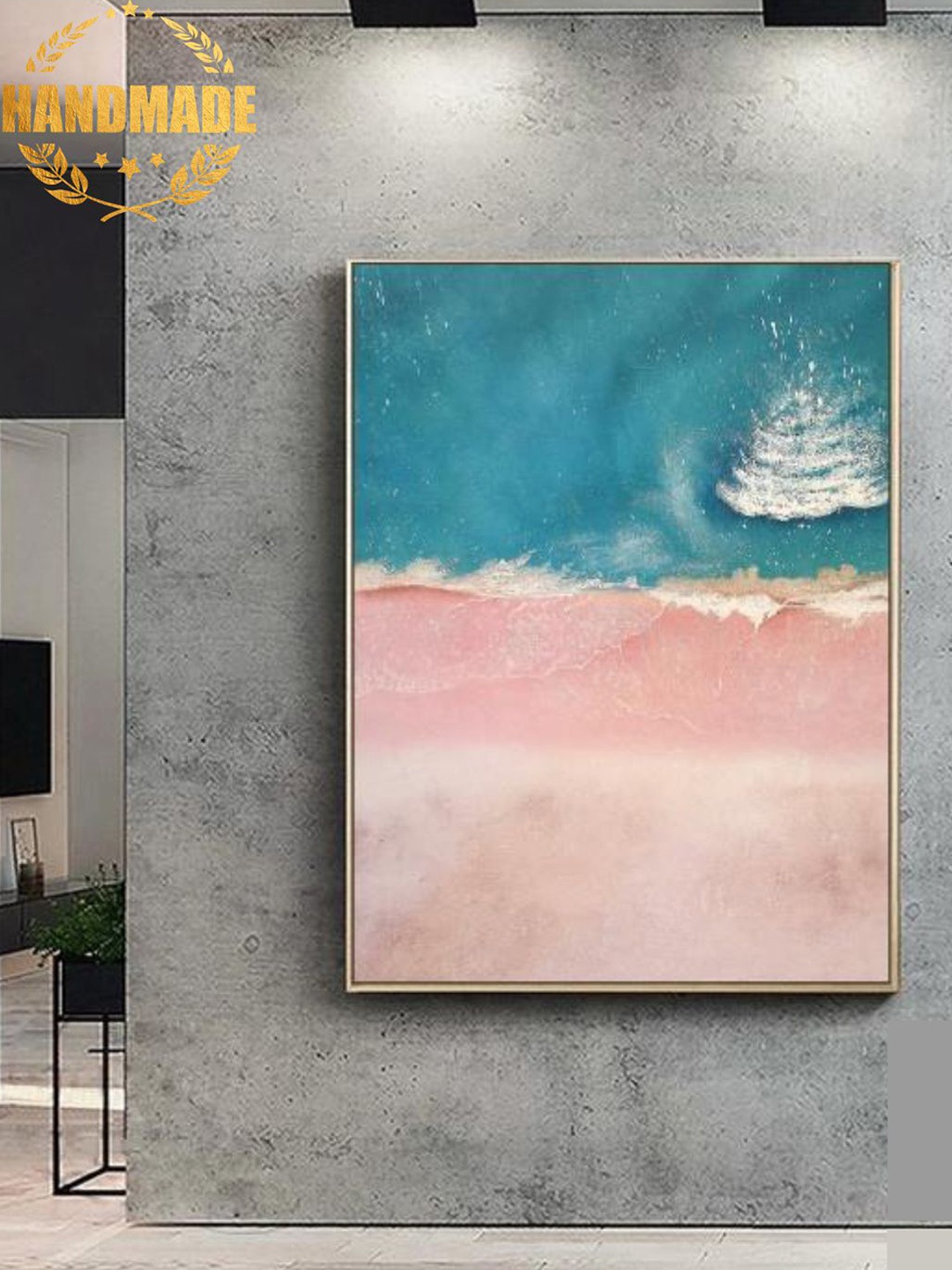 

THE HANDMADE FLAIR Blue & Pink Sea Waves Abstract Painting Framed Wall Art