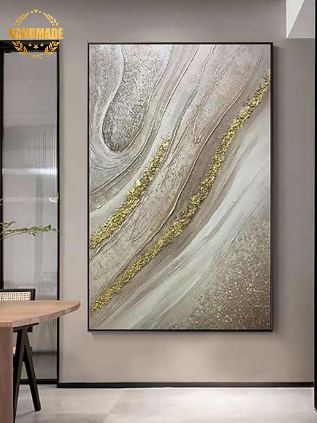 

THE HANDMADE FLAIR Beige & Gold Toned 3D Texture Wall Painting