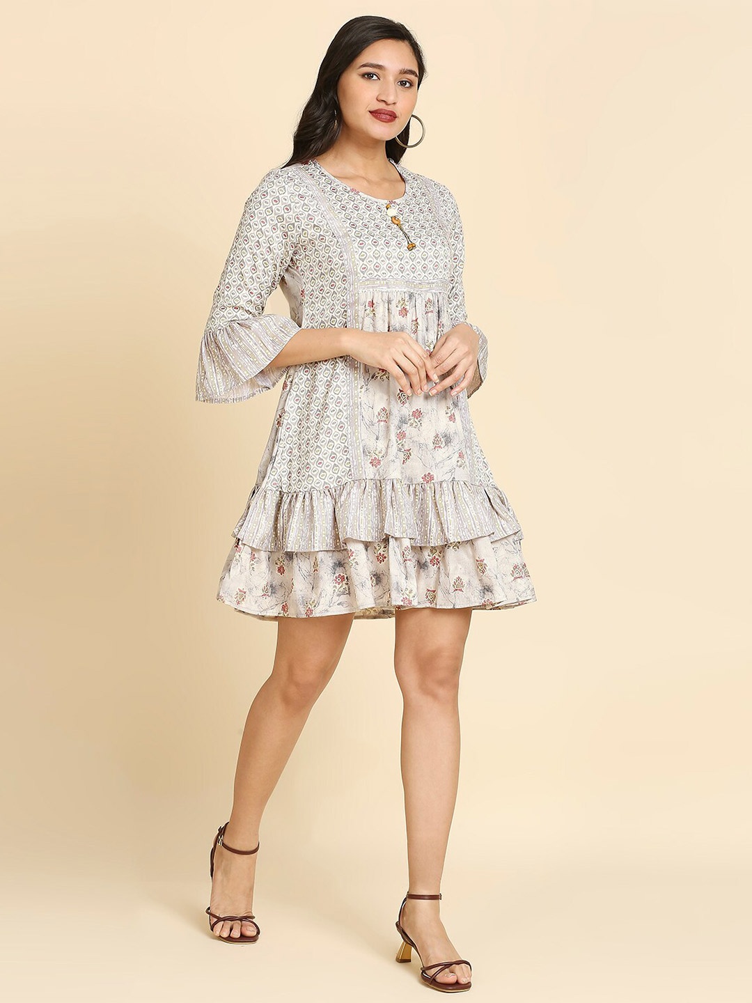 

MADHURAM Floral Printed Fit & Flare Dress with Bell Sleeves, Cream