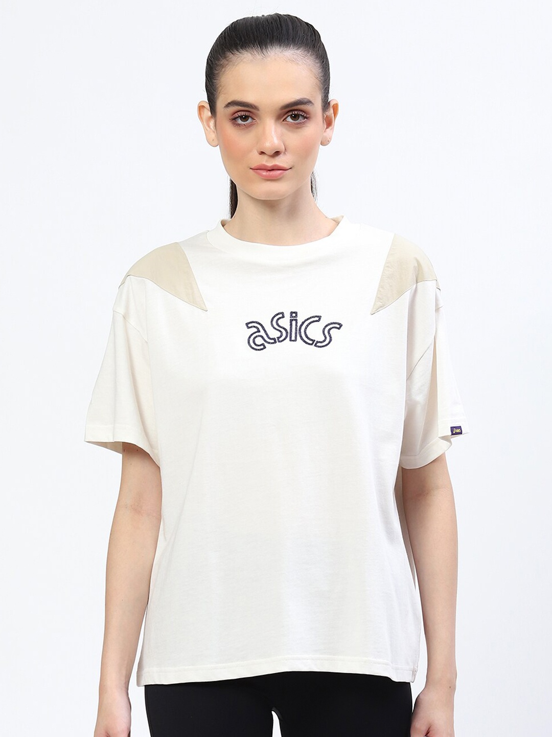 

ASICS Women W Embroidery SS Printed Cotton T-Shirt`, Cream