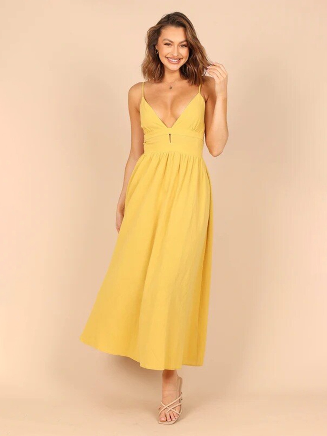 

BoStreet Yellow V-Neck Fit and Flare Maxi Dress