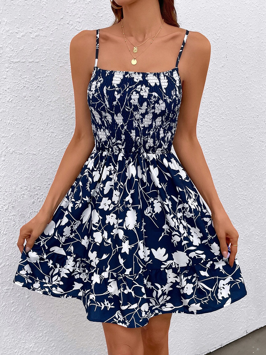 

BoStreet Navy Blue Floral Print Fit & Flare Dress