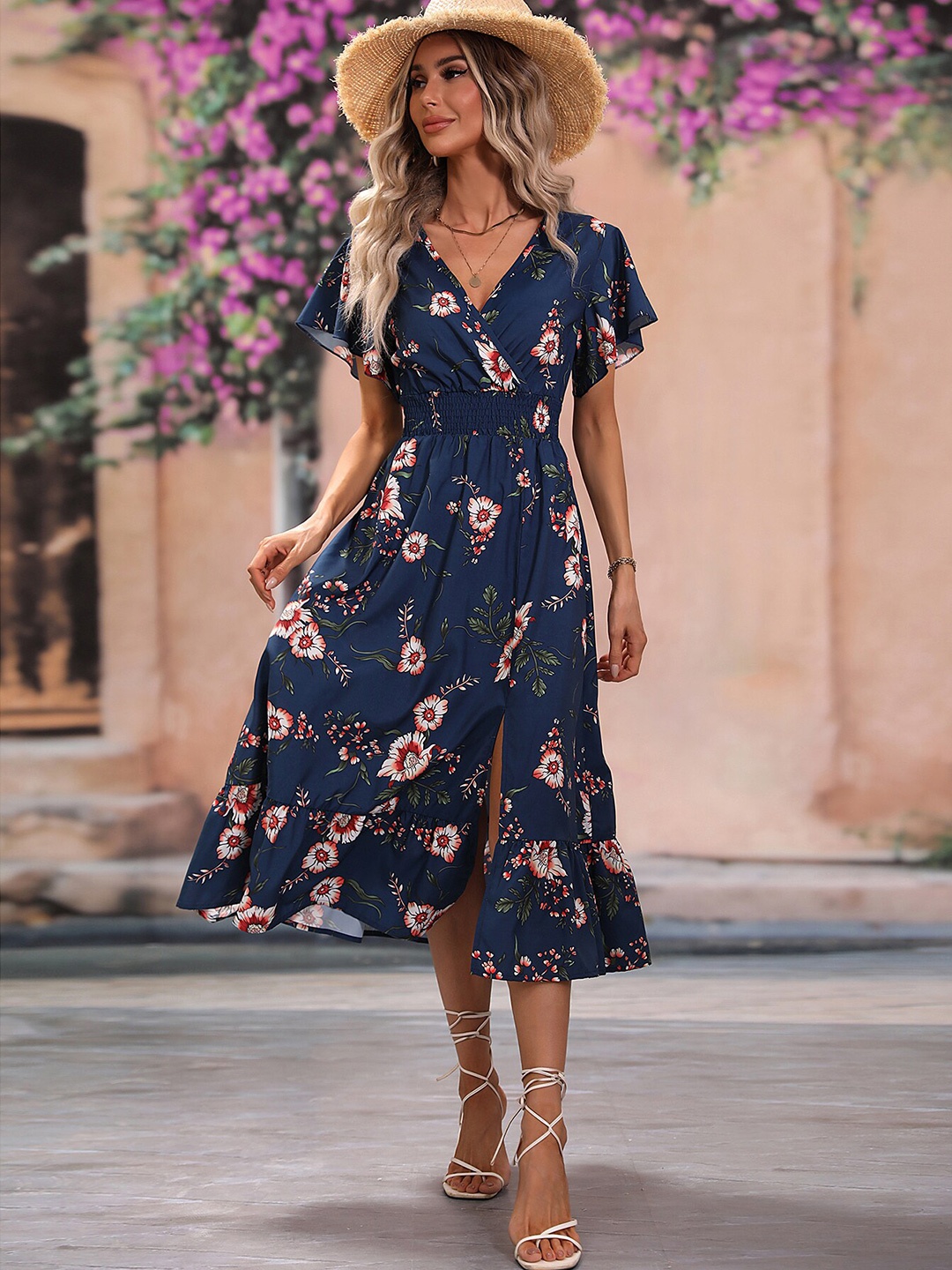

BoStreet Navy Blue Floral Print Flutter Sleeve Midi Dress