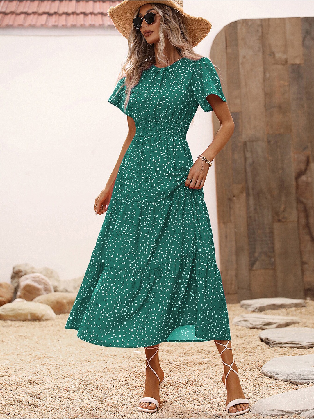 

BoStreet Green Polka Dots Print Fit & Flare Midi Dress
