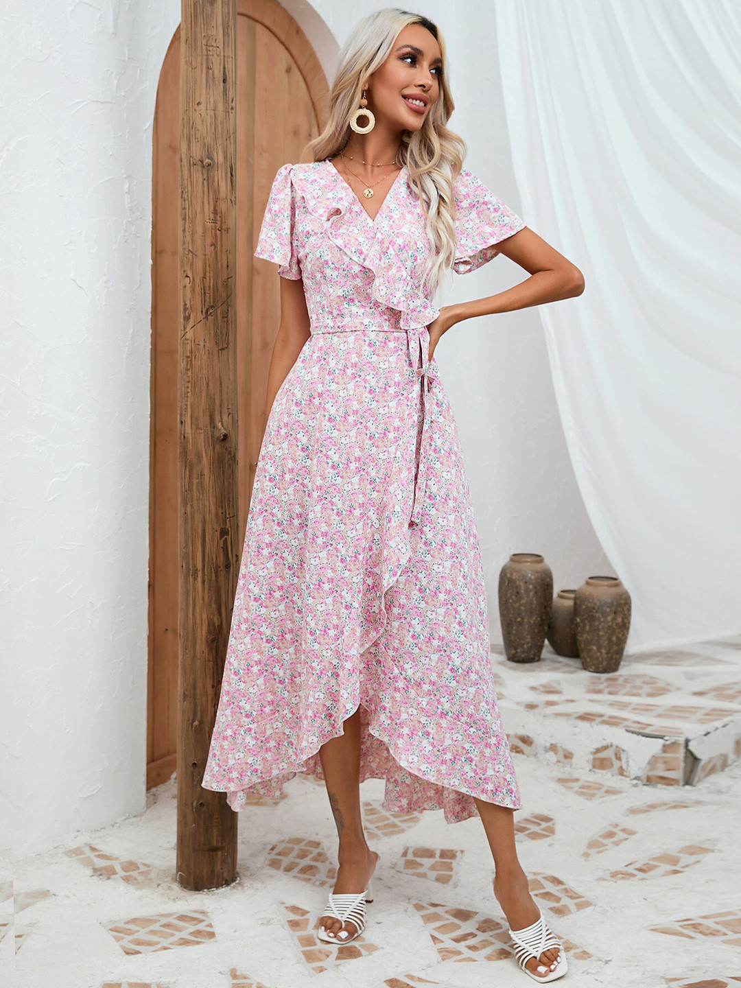 

BoStreet Pink Floral Print Wrap Maxi Dress
