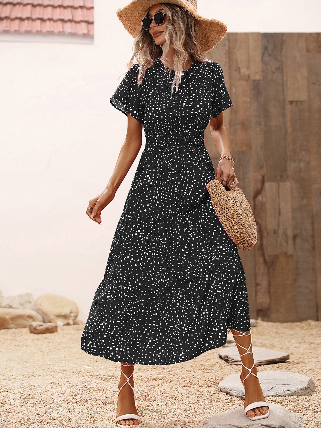 

BoStreet Black Polka Dots Print Fit & Flare Midi Dress