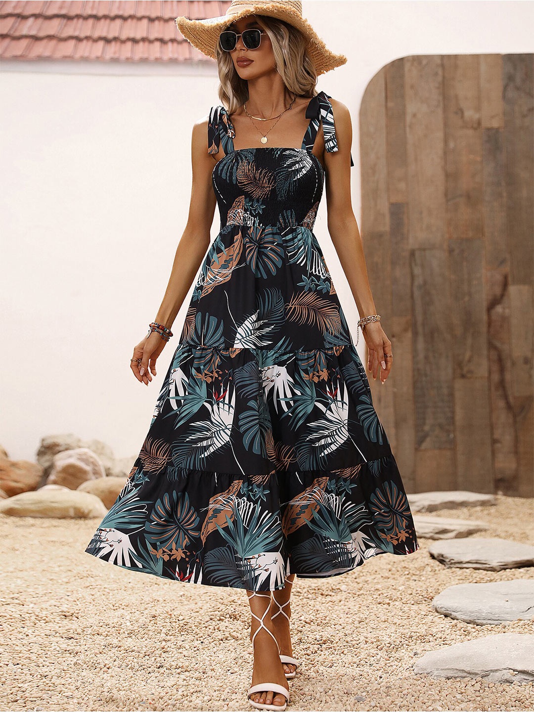 

BoStreet Black Tropical Printed Smocked Tiered Fit & Flare Midi Dress