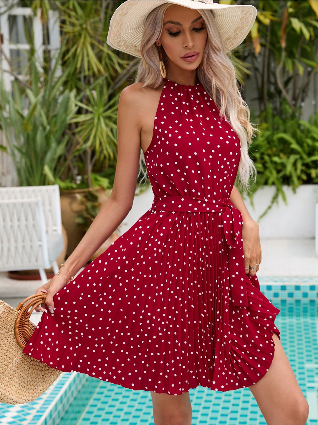 

StyleCast Red Polka Dot Printed Accordion Pleats Fit & Flare Dress