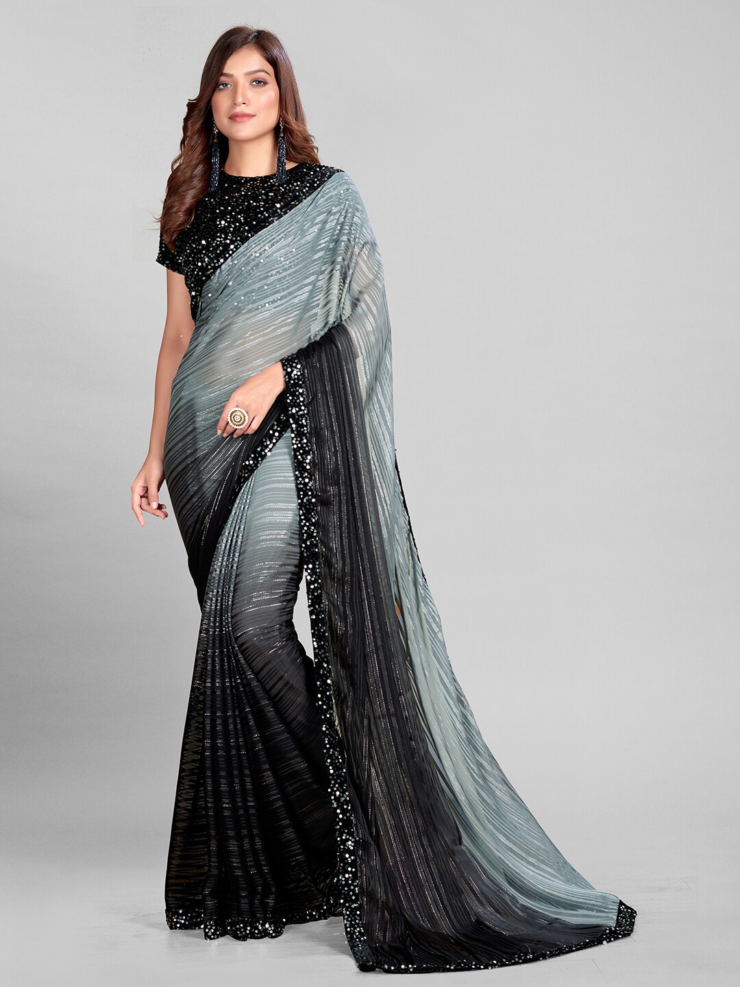 

KALINI Striped Sequinned Saree, Grey