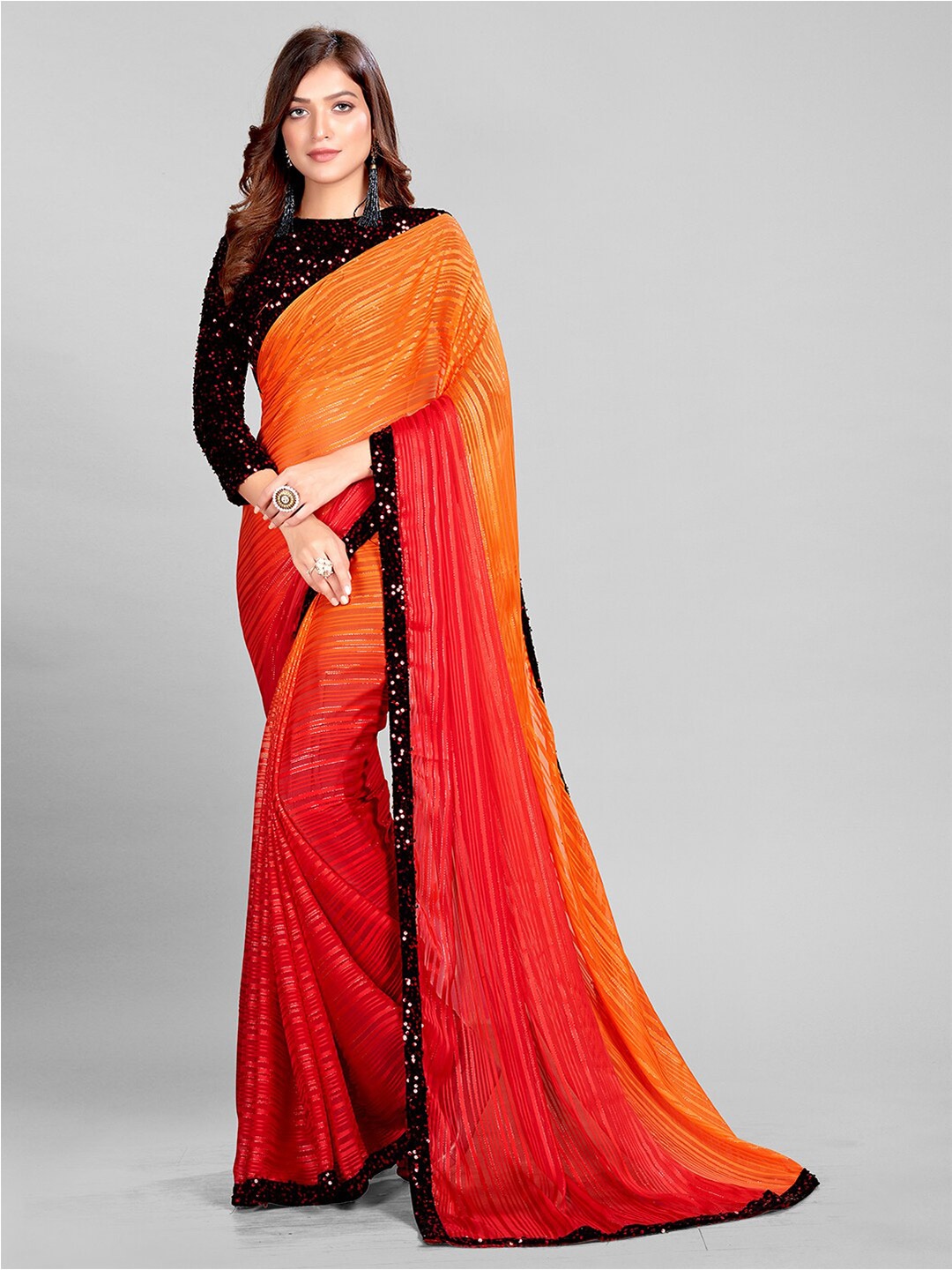 

KALINI Striped Sequinned Saree, Orange