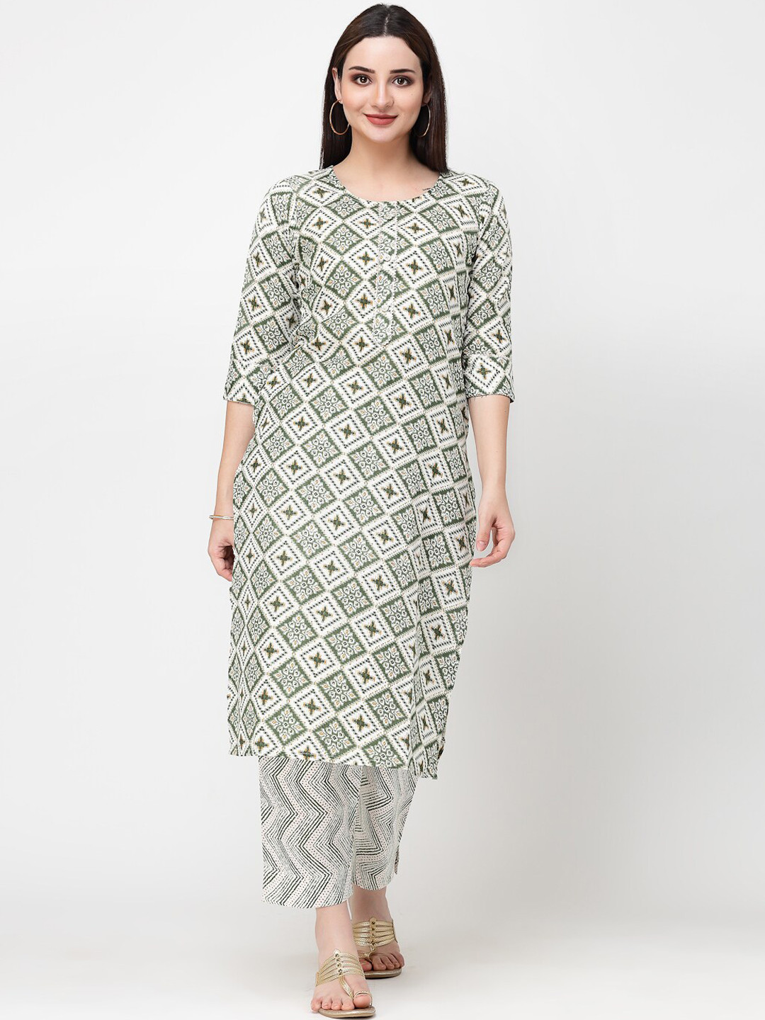 

KALINI Ethnic Motifs Printed Gotta Patti Pure Cotton Kurta with Trousers, Green