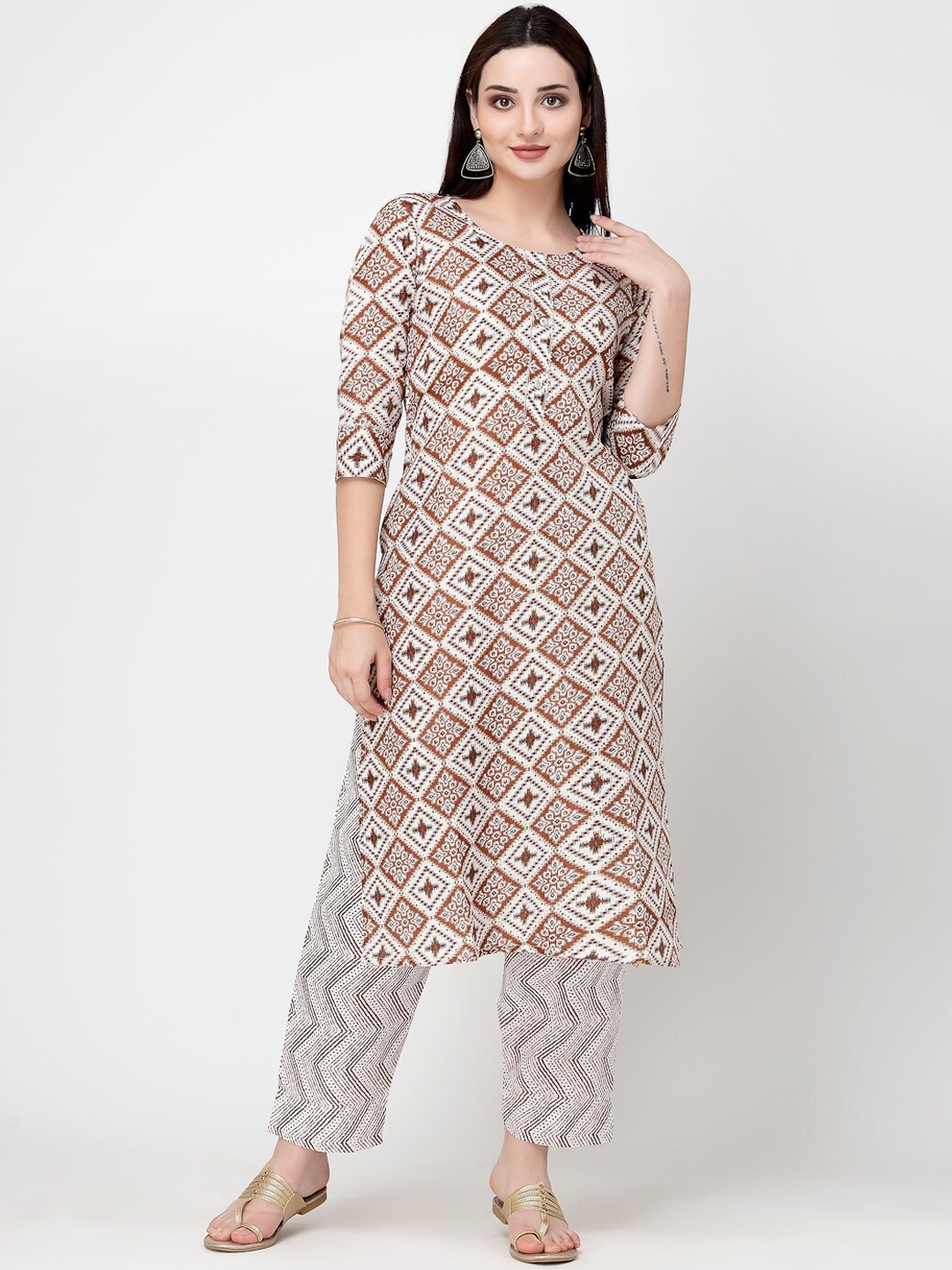 

KALINI Ethnic Motifs Printed Regular Pure Cotton Kurta With Trousers, Brown