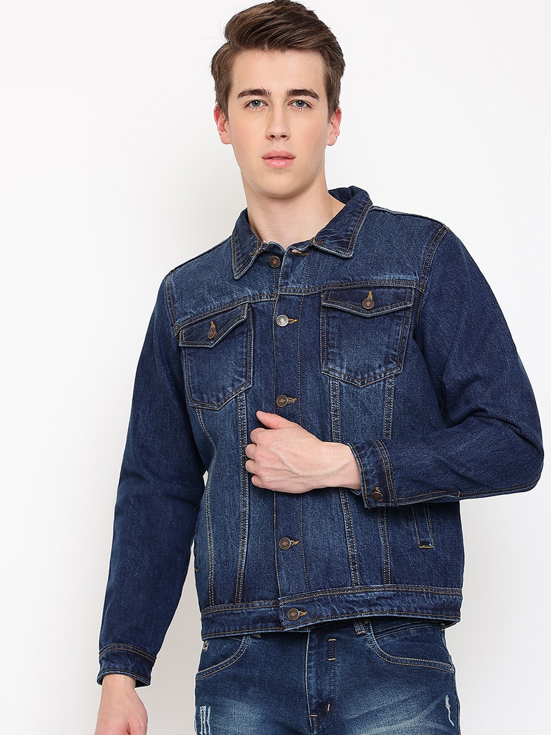 

Cantabil Washed Cotton Denim Jacket, Blue