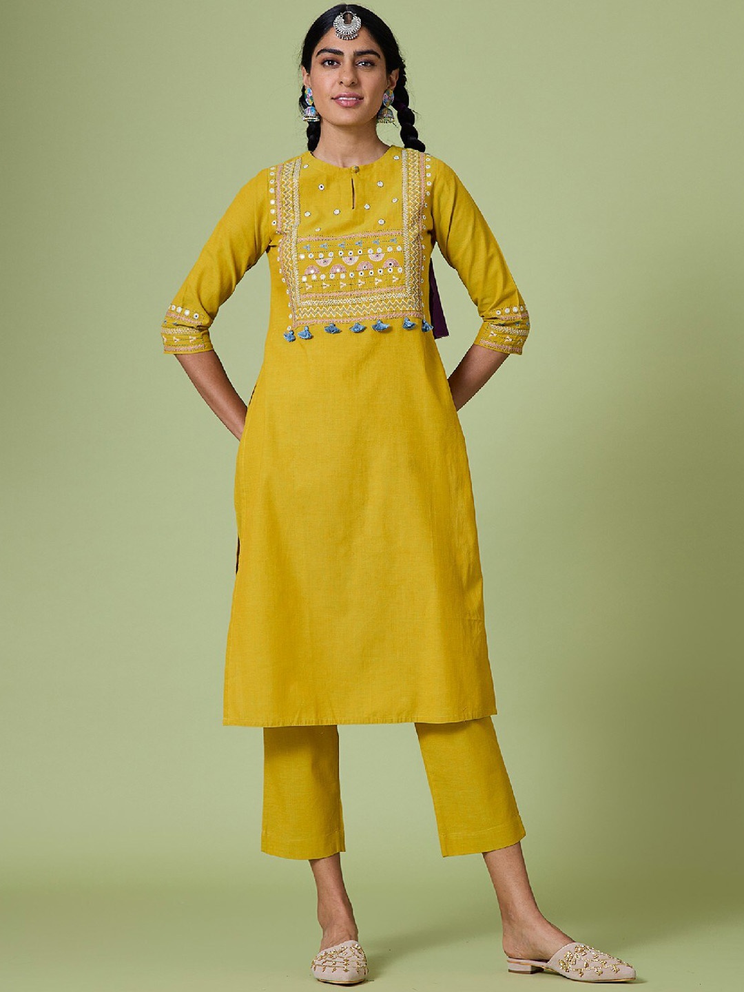 

OKHAI Ethnic Motifs Embroidered Mirror Work Pure Cotton Kurta with Trousers, Mustard