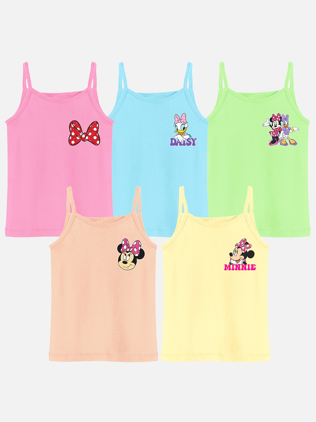 

YK Disney Girls Pack of 5 Mickey & Friends Printed Cotton Camisoles, Pink